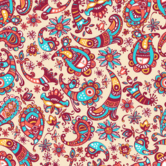 Vector seamless hand drawn colorful pattern with decorative elem