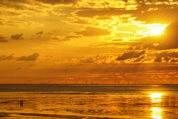 Ein Pärchen spaziert im Sonnenuntergang durch das Wattenmeer  mit einem Offshore Windpark am Horizont