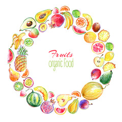 Round frame with hand drawn bright stylish fruits