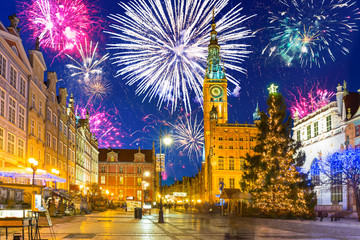 Obraz premium New Year fireworks display in Gdansk, Poland