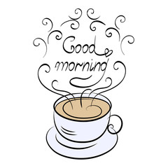 Coffee cup lettering - Good morning. Hand drawn cup of coffee with text and decorative elements. Vector illustration.