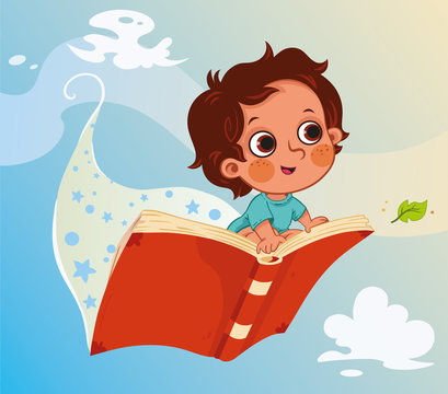 Little boy flying on a book. (Vector illustration)