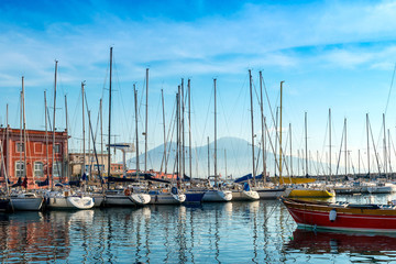Street view of Naples harbor with boats, italy Europe