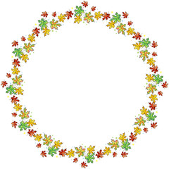 Hand drawn watercolor maple leaves arranged in round frame. Autumn wreath. Copy space. Raster illustration.