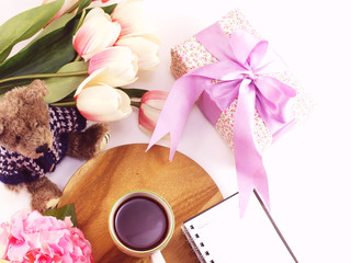 still life of coffee with present object on white background