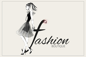 Black and white fashion woman / model with boutique logo background. Vector illustration