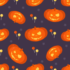 Halloween pumpkin head seamless pattern. Halloween background for shops, wrapper, gift wrap, textile, party banners and wallpaper.