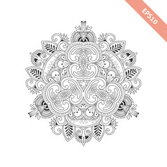 Black line floral  round ornament. Mandala isolated on white background. Background, cover. Design for adult coloring book page.