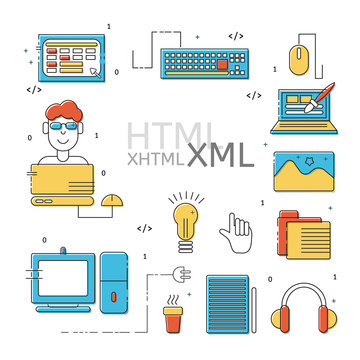 HTML coder icons set. Colorful HTML line icons. Vector illustrations for business, corporate design, computer store.