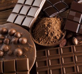 Chocolate sweet, cocoa pod and food dessert background