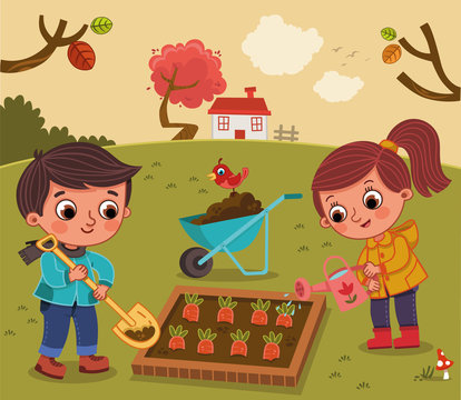 Kids in the vegetable garden (Vector illustration)