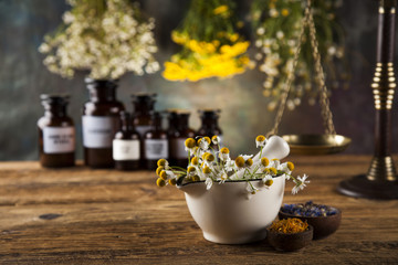 Herbs, berries and flowers with mortar, on wooden table backgrou