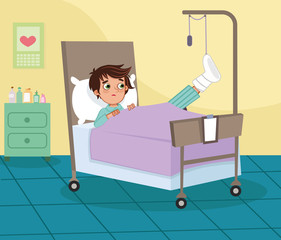 An injured young boy in the hospital. Vector illustration.