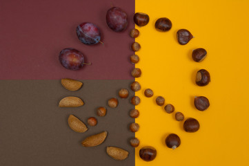 Peace symbol of nuts and autumn fruits on split background