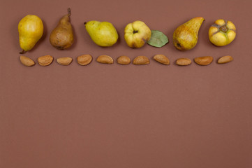 Pears and almonds row on yellow background with copy space