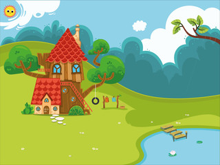 Cartoon house in the forest. (Vector illustration)