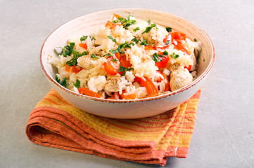 Chicken, rice and red bell pepper