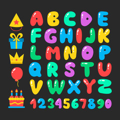 Happy birthday cartoon alphabet set. Air balloons font. Birthday icon set. Flat vector elements, figures and letters for celebration design. Isolated on black background