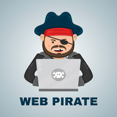 Internet pirate with a laptop computer. vector flat isolated character illustration. web security and download content concept