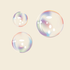 Realistic transparent soap bubbles in 3D, on a white background