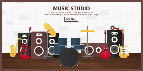 Poster with musical instruments. Music studio. Guitar. Flat design. © leo_d
