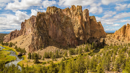 Lonely tree growing between rocks. The river flows between rocks. Beautiful landscape of yellow sharp cliffs. Smith Rock state park, Oregon