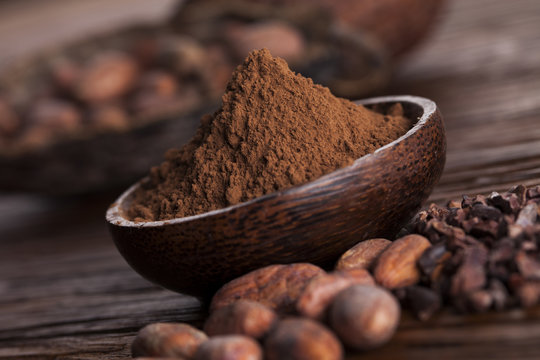 Cacao beans and powder and food dessert background