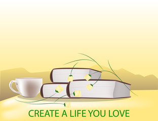 three books, cup and some flowers with mountains in the back