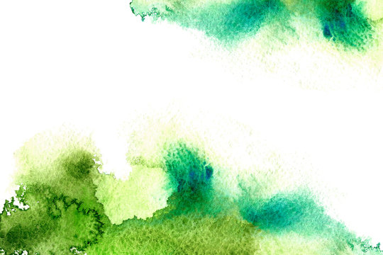 green watery frame.abstract watercolor hand drawn image.coloured splash.white background.