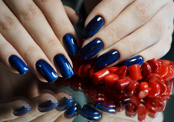 Nails, beads and beautiful clean manicure. Nails are natural. Manicure is made using nails drill machine.