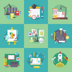 Education subjects icons. School and university learning disciplines. Vector flat cartoon illustrations set.