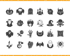 Halloween cartoon icons set. Black silhouette labels isolated on white background.
