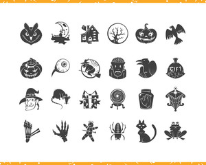 Halloween cartoon icons set. Black silhouette labels isolated on white background.