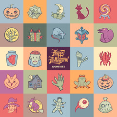 Halloween cartoon icons set. Sketch style pastel colored labels pack.