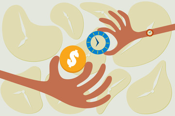 Business concept. Time for money. A hand giving their time to exchange for money.