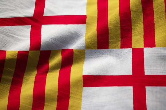 Closeup of Ruffled Barcelona Flag, Barcelona Flag Blowing in Win