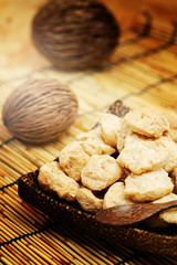 chunk Textured Vegetable Protein for Vegetarian Festival with earth tone background
