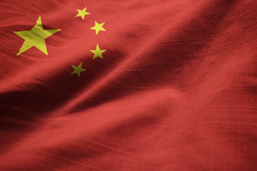 Closeup of Ruffled China Flag, China Flag Blowing in Wind