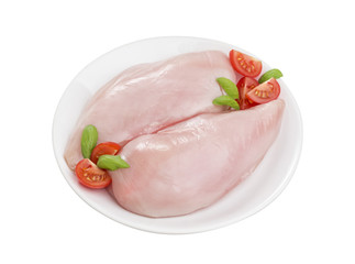 Raw chicken fillet breast on plate isolated on white background