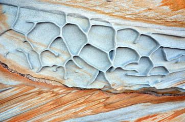 Varied patterns, colours, shapes and layers of natural weathered sandstone rocks on the Sydney coast, New South Wales, Australia
