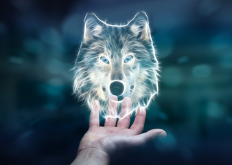 Person, die fraktale gefährdete Wolfsillustration hält 3D-Rendering