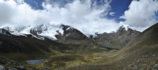 Panorama Huapi pass overviewing the valley inbetween the mountains Tullparahu and Pukaranra, Peru.