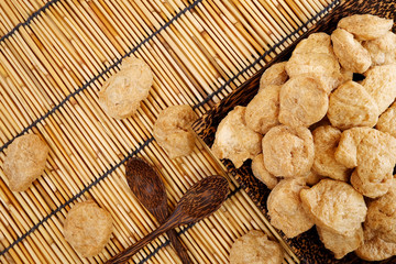 chunk Textured Vegetable Protein for Vegetarian Festival with earth tone flat lay background