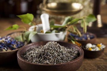 Alternative medicine, dried herbs and mortar on wooden desk back