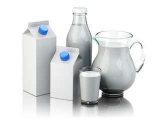 Milk. Glass jug, glass, bottle and carton packs with milk isolat