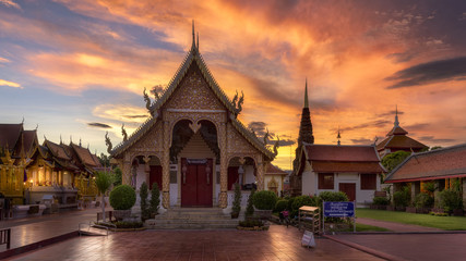 beautiful temple in north of Thailand and beautiful sunset
