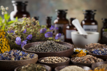 Healing herbs on wooden table, mortar and herbal medicine
