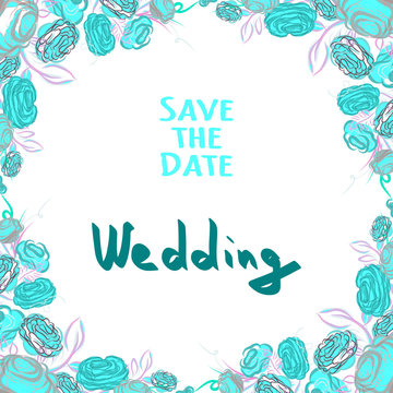Invitation for wedding with flowers. Save the date. Blue roses for wedding.