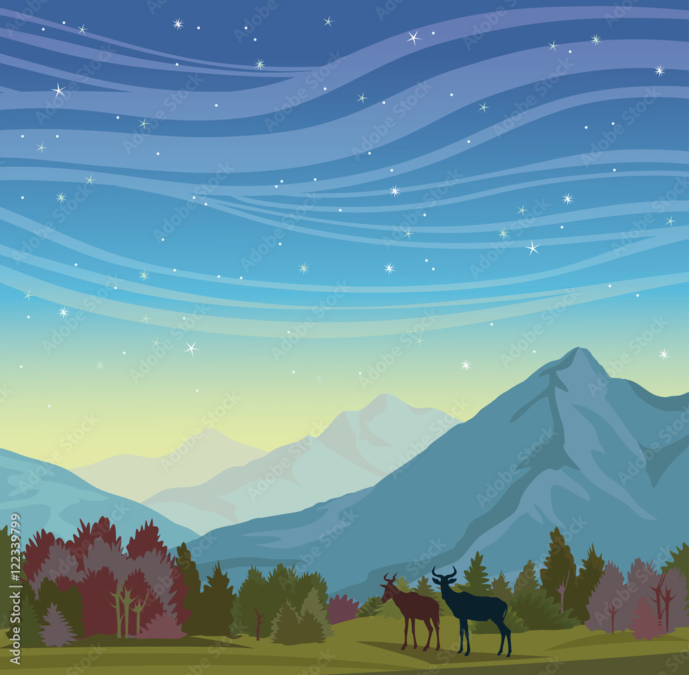 Sticker autumn landscape with mountains, forest and deers.