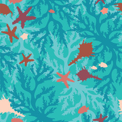 Seamless pattern with corals, fish and seashells.